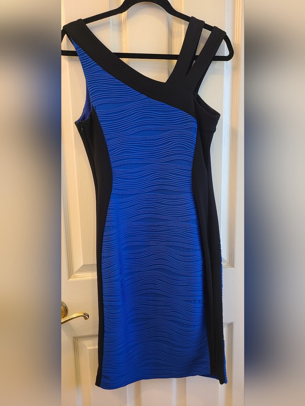 Joseph Ribkoff Royal Blue and Black One-Shoulder Sheath Dress